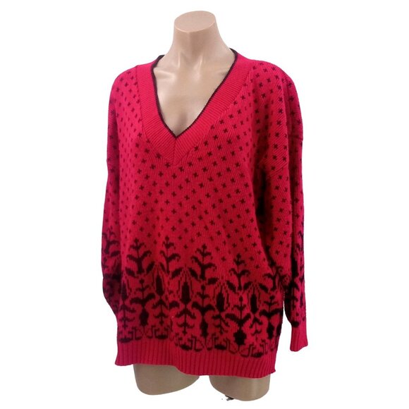 Classic Essentials Sweaters - Vintage 80s Classic Essentials Pink Black Sweater Size 20 W Plus V Neck Bird Eye